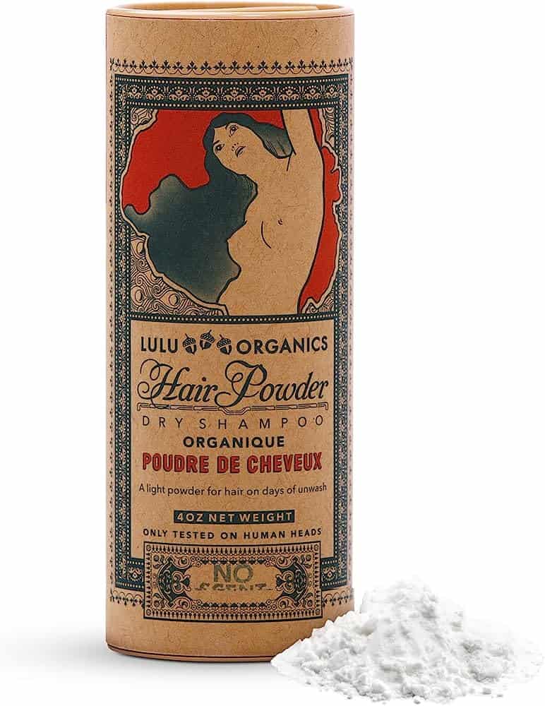 A bottle of Lulu Organics dry shampoo powder.