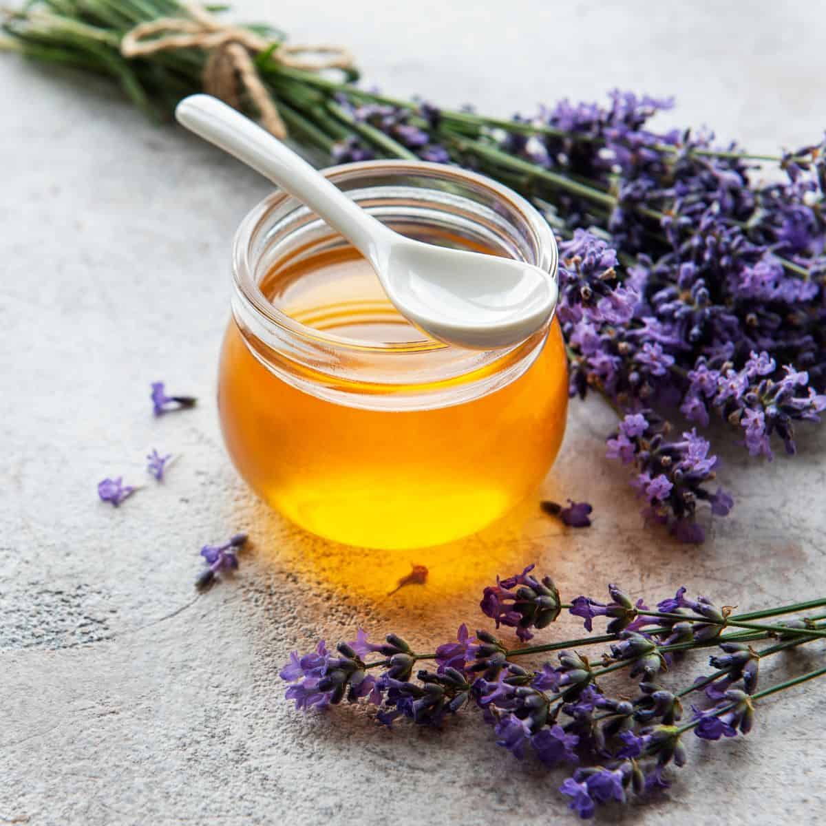 A jar of lavender honey with a spoon on it and surrounded by lavender flowers. 