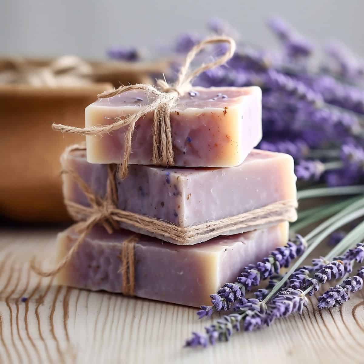 A stack of 3 bars of homemade lavender soap tied with twine.