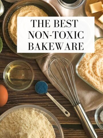 A table covered with ingredients needed to make a cake including flour, butter and eggs with the title The Best Non-Toxic Bakeware over it.