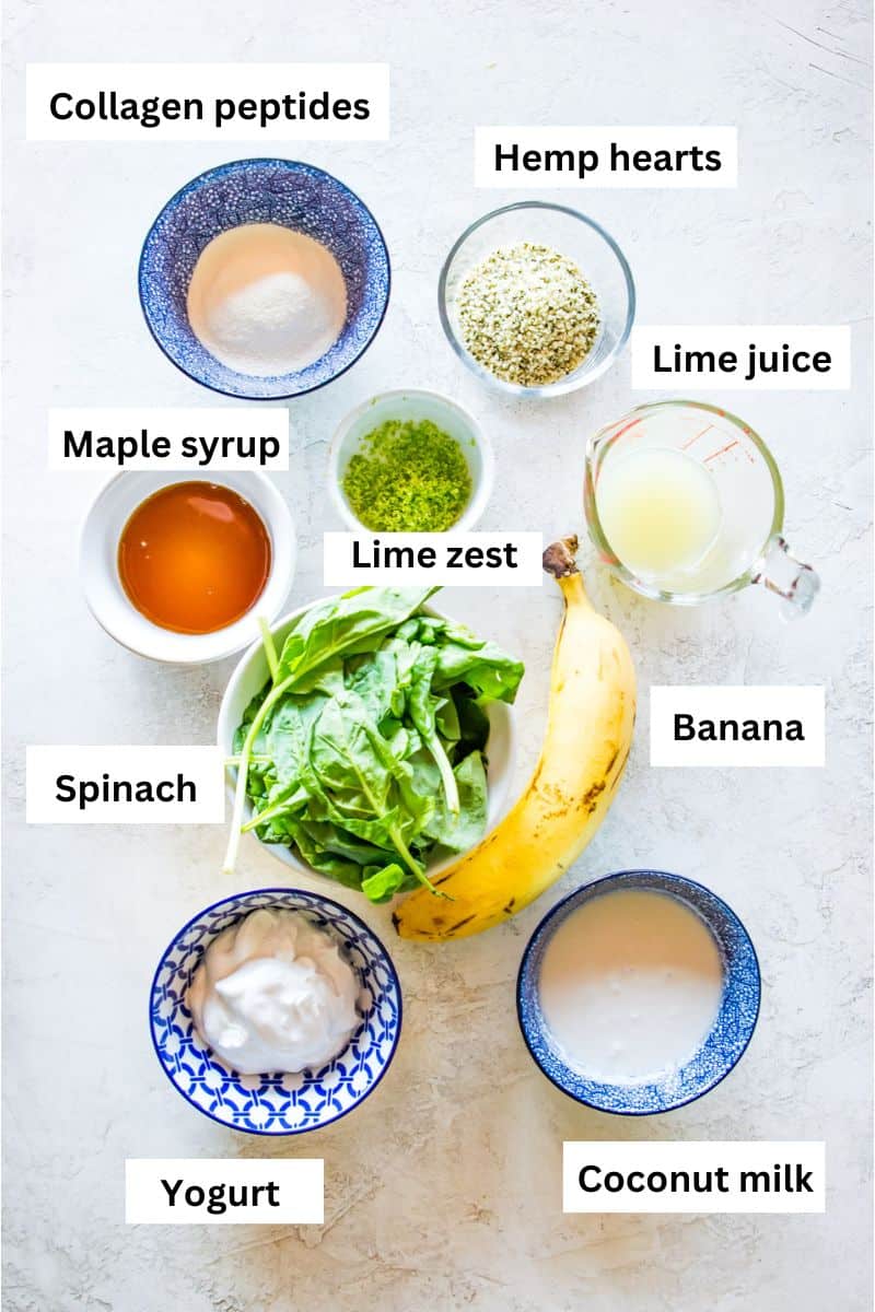 The ingredients needed to make a key lime pie smoothie separated into small bowls. 
