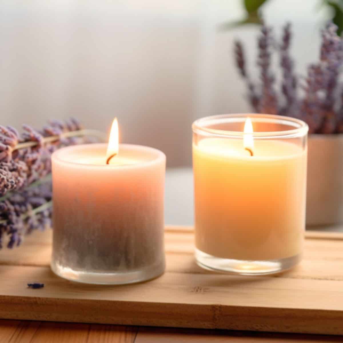 Two lit candles surrounded by lavender flowers. 