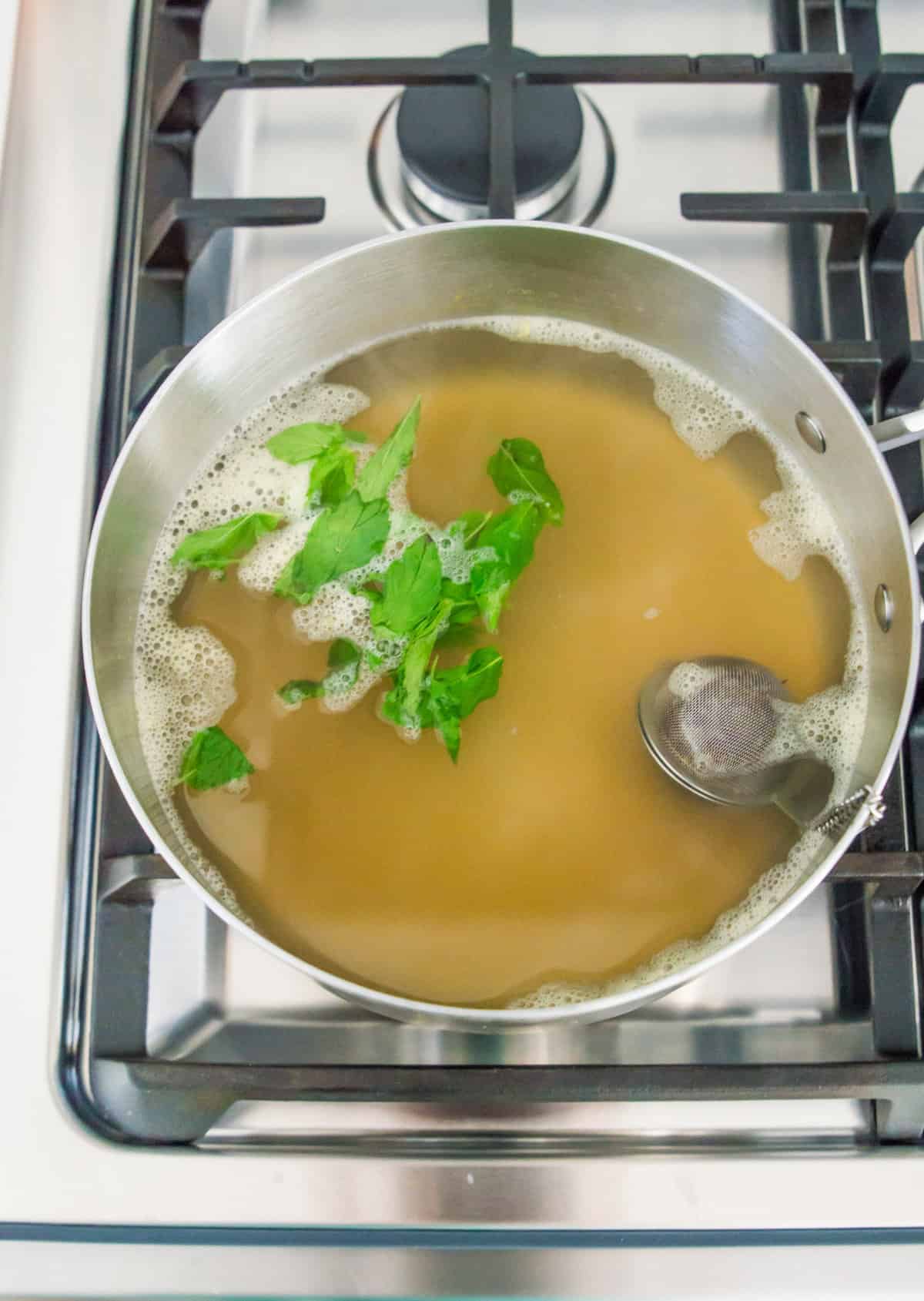A pot on the stovetop filled with water, a tea ball and mint leaves.