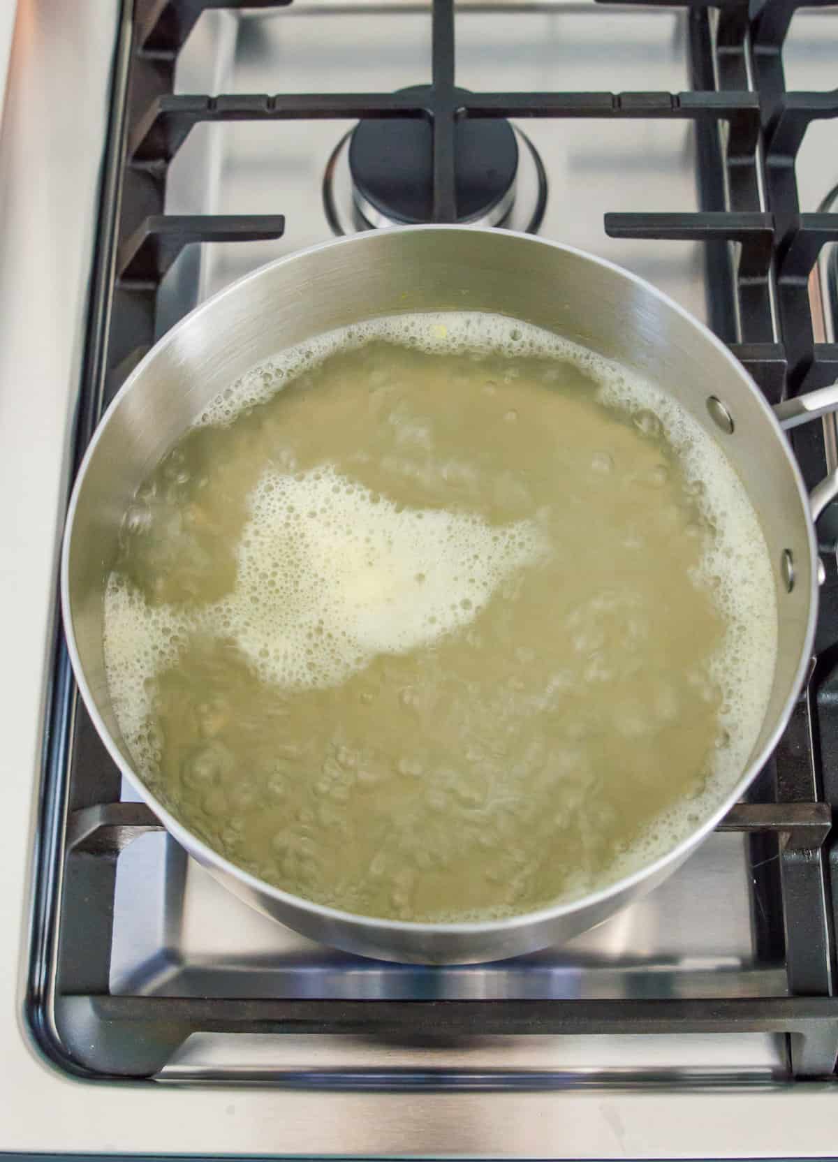 A pot of boiling water on the stovetop.