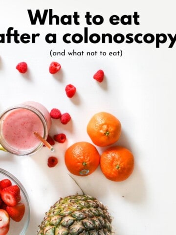 Bananas, oranges, raspberries and a pineapple with the words "what to eat after a colonoscopy" over them.
