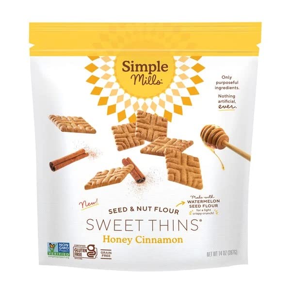 A bag of Simple Mills sweet thins crackers in honey cinnamon flavour.
