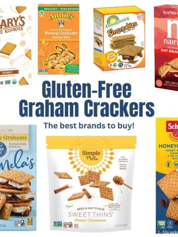 Seven different boxes of graham crackers with the title Gluten Free Graham Crackers over them.