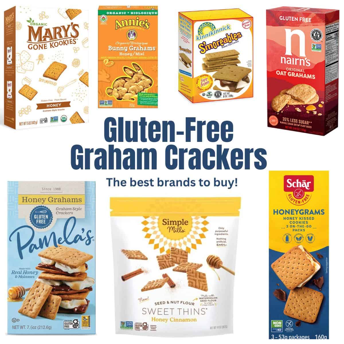 Seven different boxes of graham crackers with the title Gluten Free Graham Crackers over them. 
