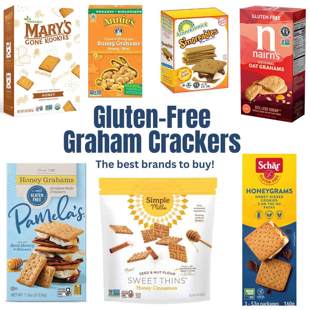 Seven different boxes of graham crackers with the title Gluten Free Graham Crackers over them.