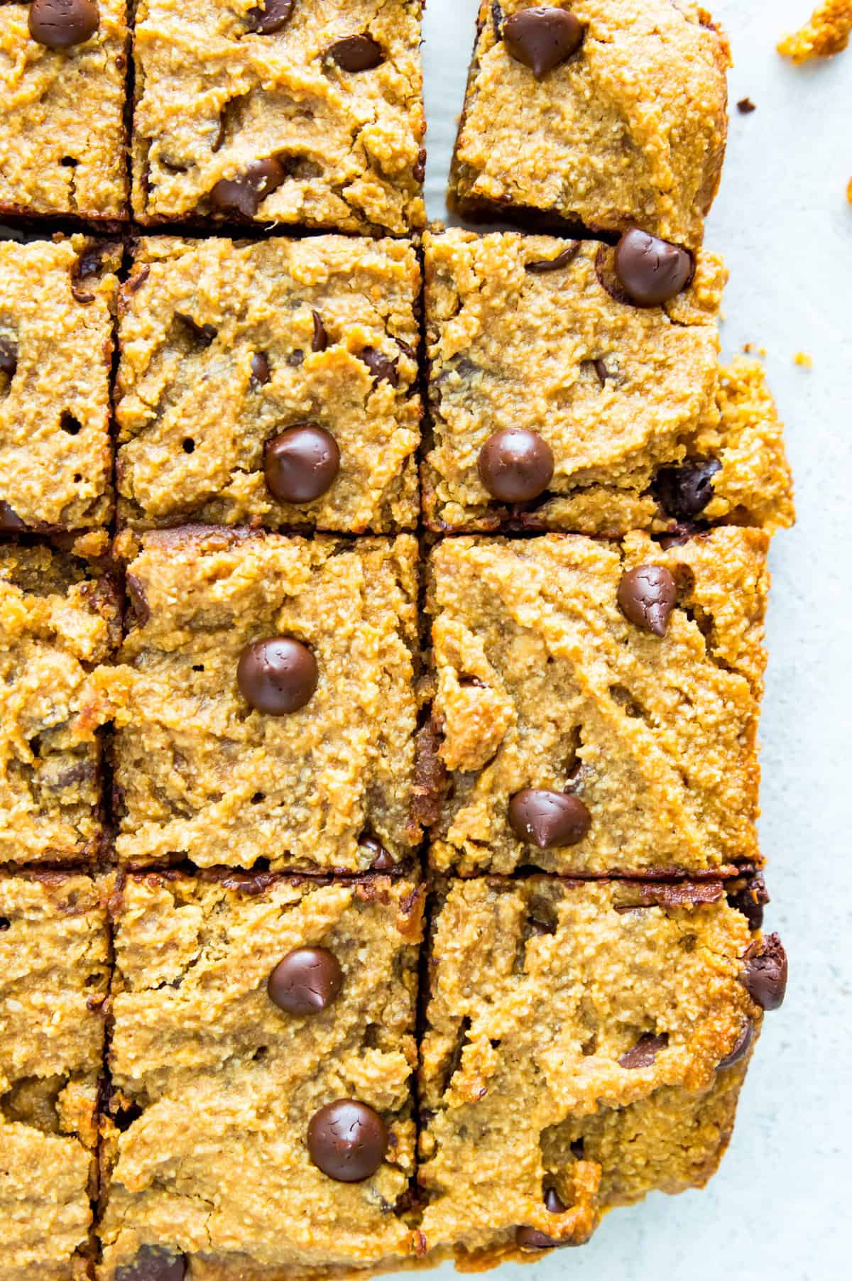 Chocolate chip cookie bars cut into pieces. 