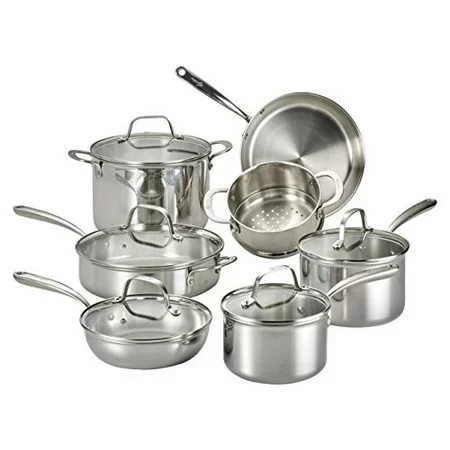 A set of Lagostina stainless steel pots and pans. 