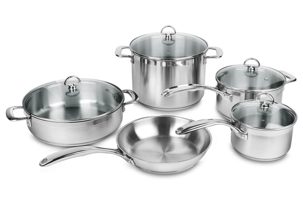 A set of 5 stainless steel pots and pans with glass lids from Chantal.