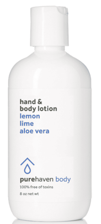 A bottle of Pure Haven hand and body lotion.