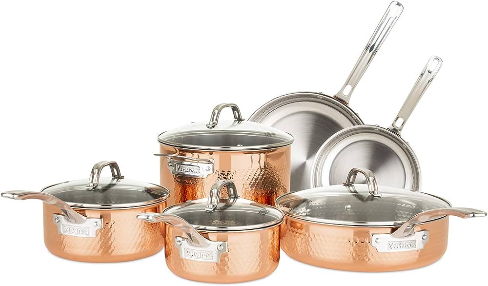 A set of Viking Culinary stainless steel hammered copper clad cookware including 3 different pans and 3 different pots. 