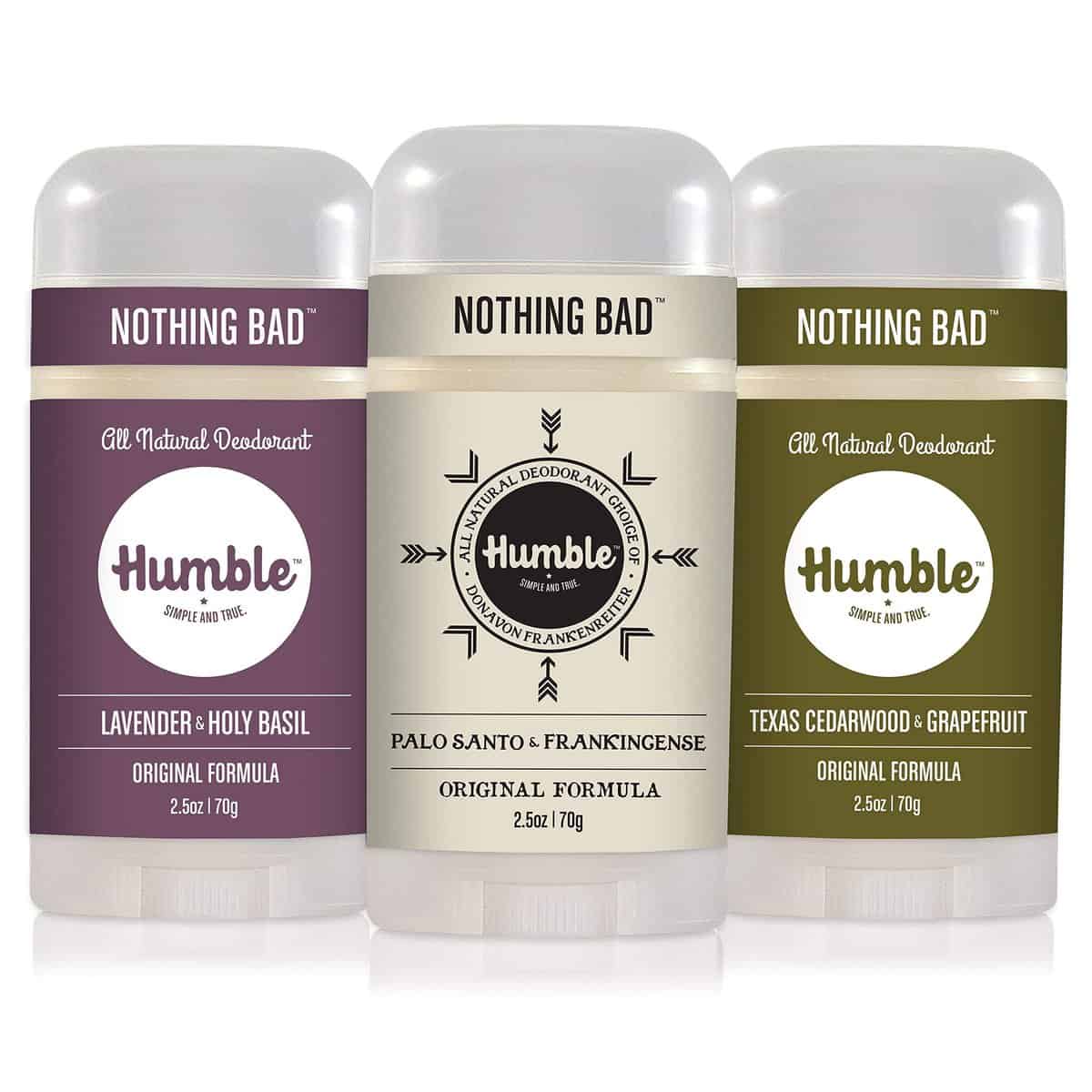 A group of three different Humble deodorant sticks. 