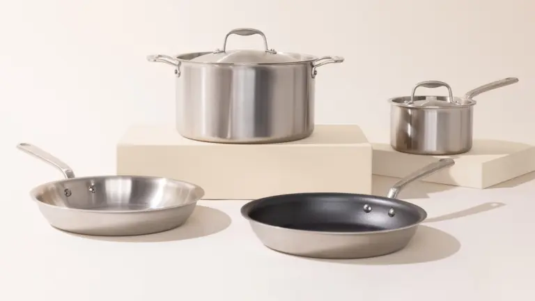 A set of Made in Cookware stainless steel cookware including 2 pans and 2 pots. 