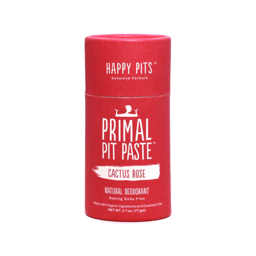 A red tube of Primal Pit Paste natural deodorant in cactus rose scent. 