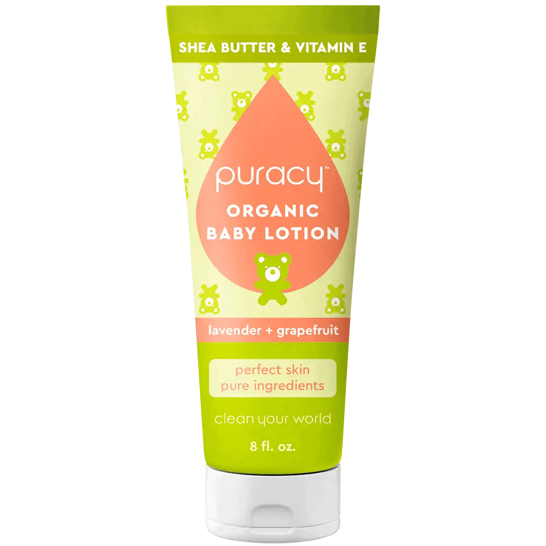 A bottle of Puracy Organic baby lotion.