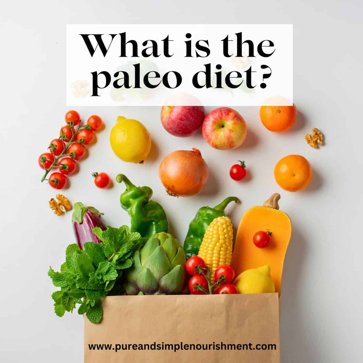 A paper bag with fruits and vegetables spilling out of it and the title What is the paleo diet? over it.