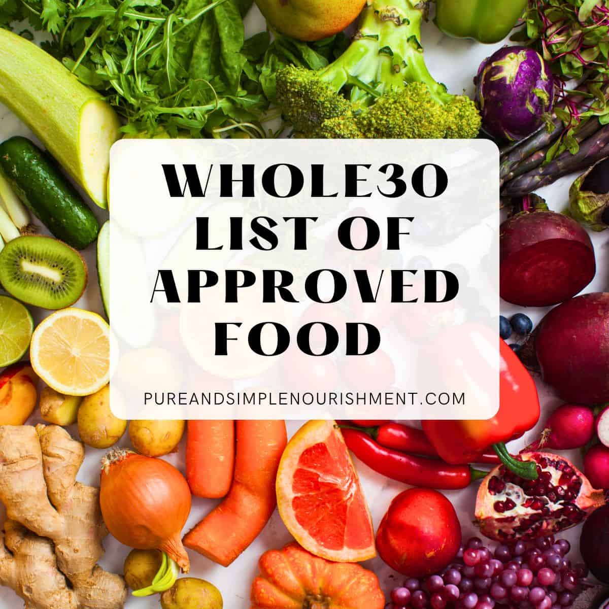 A bunch of different fruits and vegetables with the title "Whole30 list of approved food" over them. 
