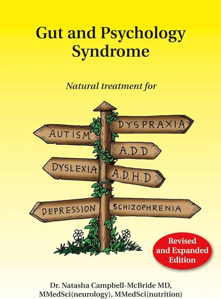 The cover of the book The Gut and Psychology Syndrome which is yellow with black text on it.