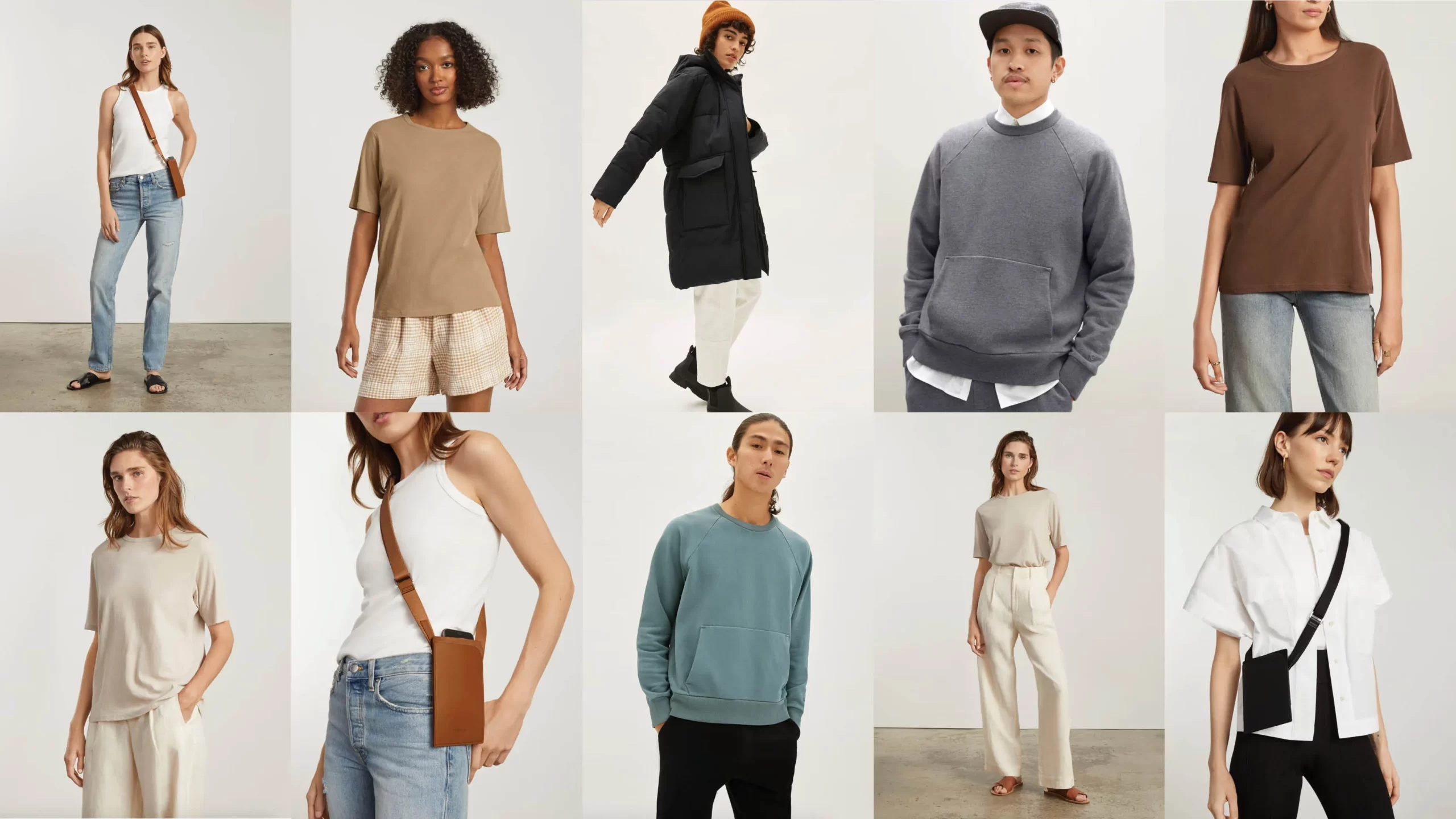 Different men and women wearing various clothing items from Everlane clothing.