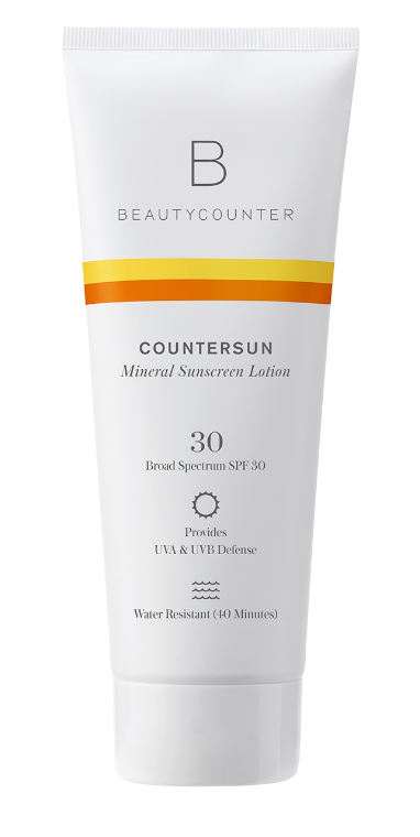 A bottle of Beautycounter Countersun mineral sunscreen.
