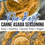 A spoon filled with a carne asada seasoning mix with the title "the best carne asada seasoning" over it.
