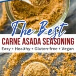 A spoon with a carne asada seasoning mix in it with the title "the best carne asada seasoning" over it.
