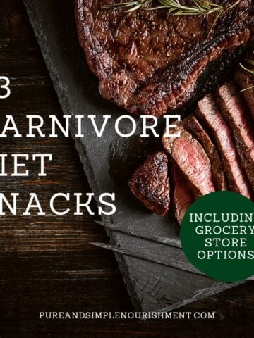 A cutting board with a cooked, cut up steak on it with the title "23 carnivore diet snacks" over it.