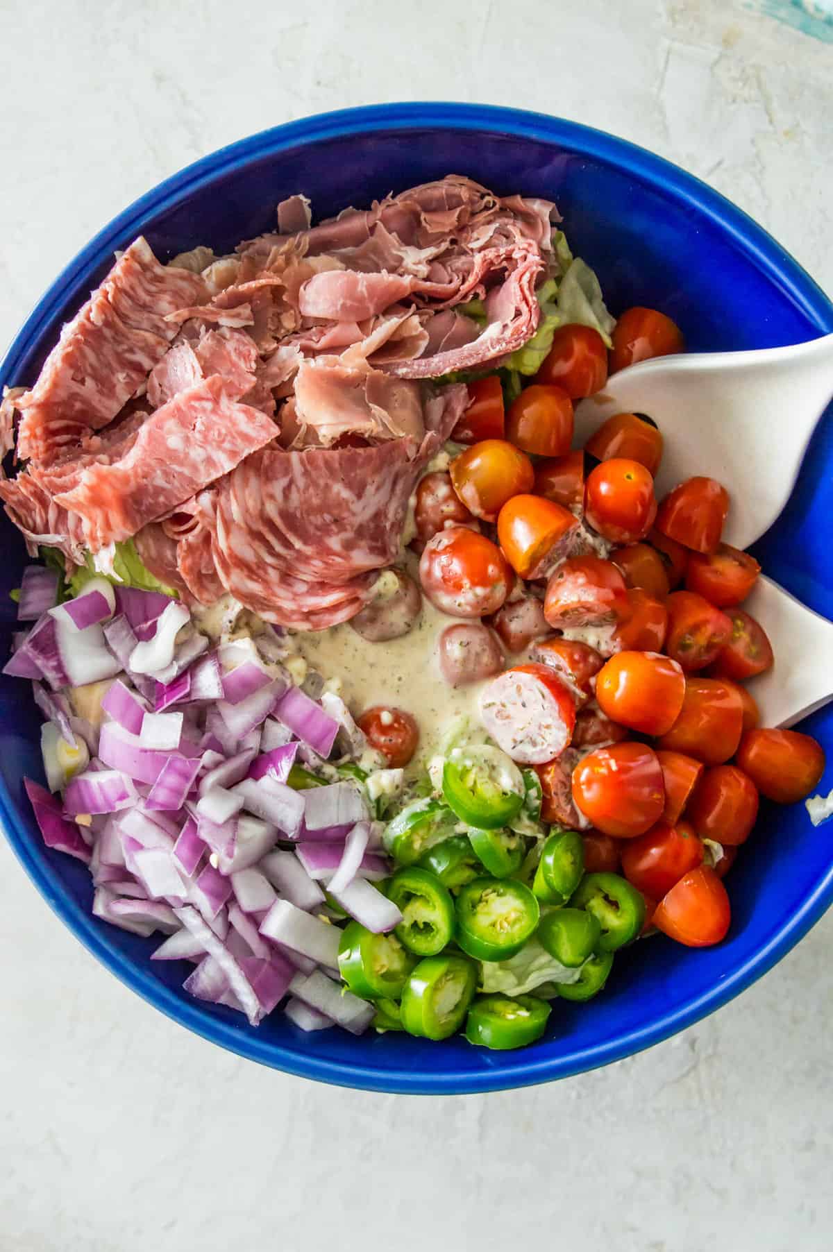 A large blue bowl with chopped tomatoes, salami, chopped red onion, chopped banana peppers with a dressing poured over the food items. 