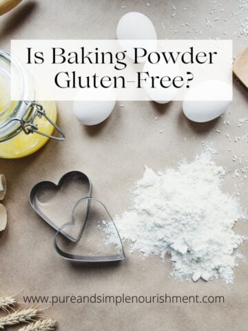 A countertop with baking tools on it including a rolling pin, cookie cutters, eggs, butter and baking powder with the title "is baking powder gluten free?" over them.