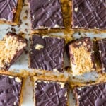 A batch of peanut butter and chocolate Rice Krispie Treats cut into squares.