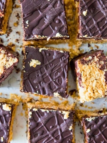 A batch of peanut butter and chocolate Rice Krispie Treats cut into squares.
