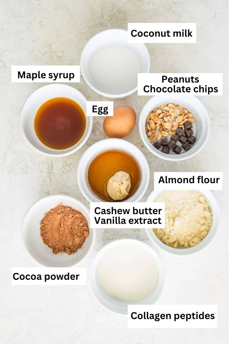 The ingredients needed to make a snickers mug cake separated into small bowls including almond flour, an egg, chocolate chips, maple syrup, peanuts and coconut milk.