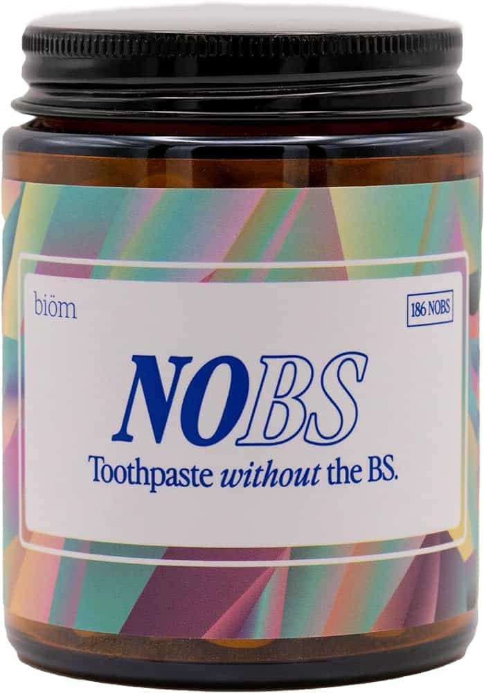 A jar of NOBS toothpaste tablets.
