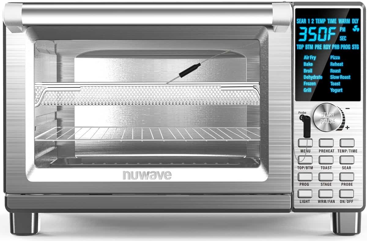 A Nuwave brand stainless steel toasted oven on a countertop.