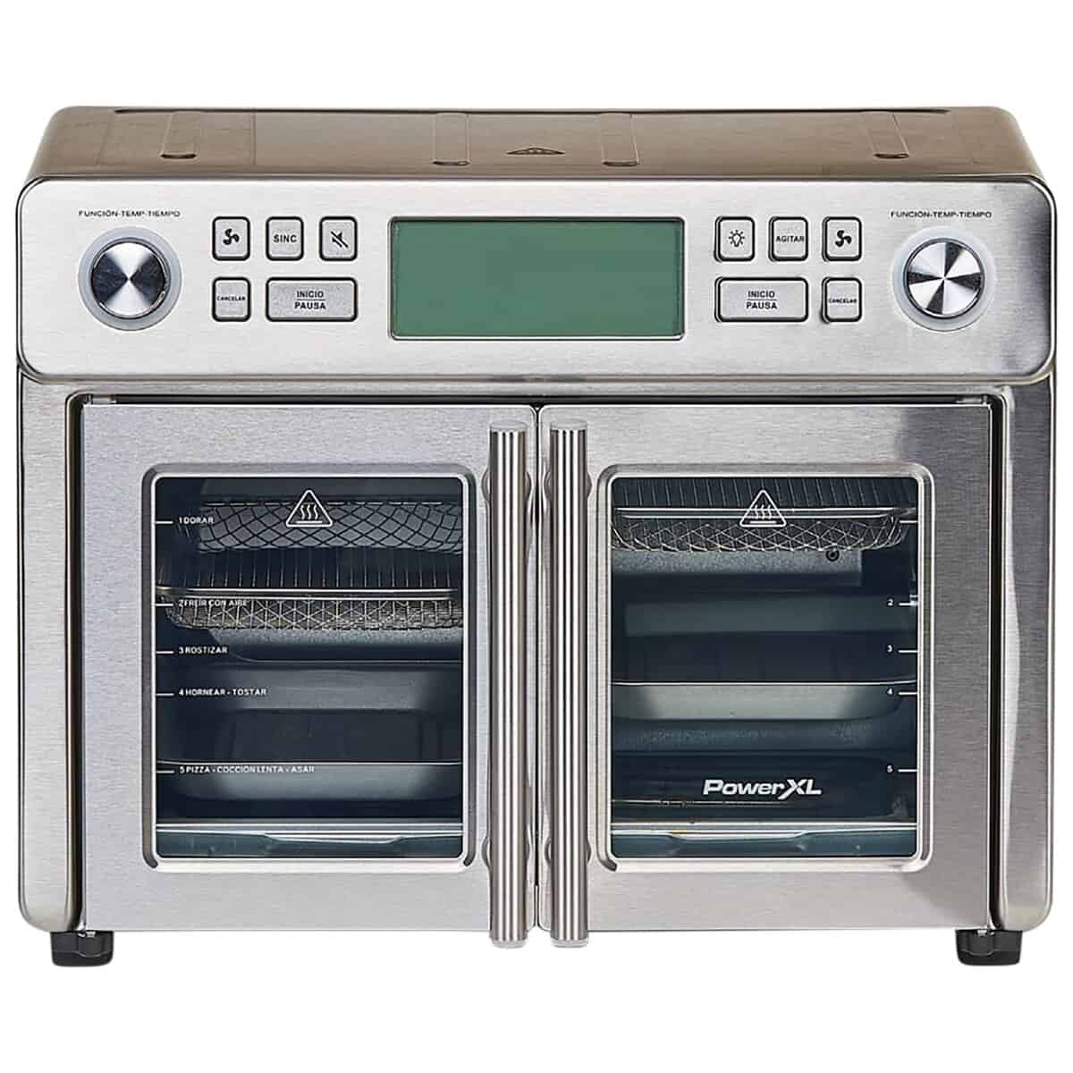 A stainless steel toasted oven with two glass doors in the front.