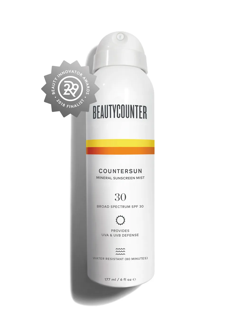 A bottle of Beautycounter mineral sunscreen mist.