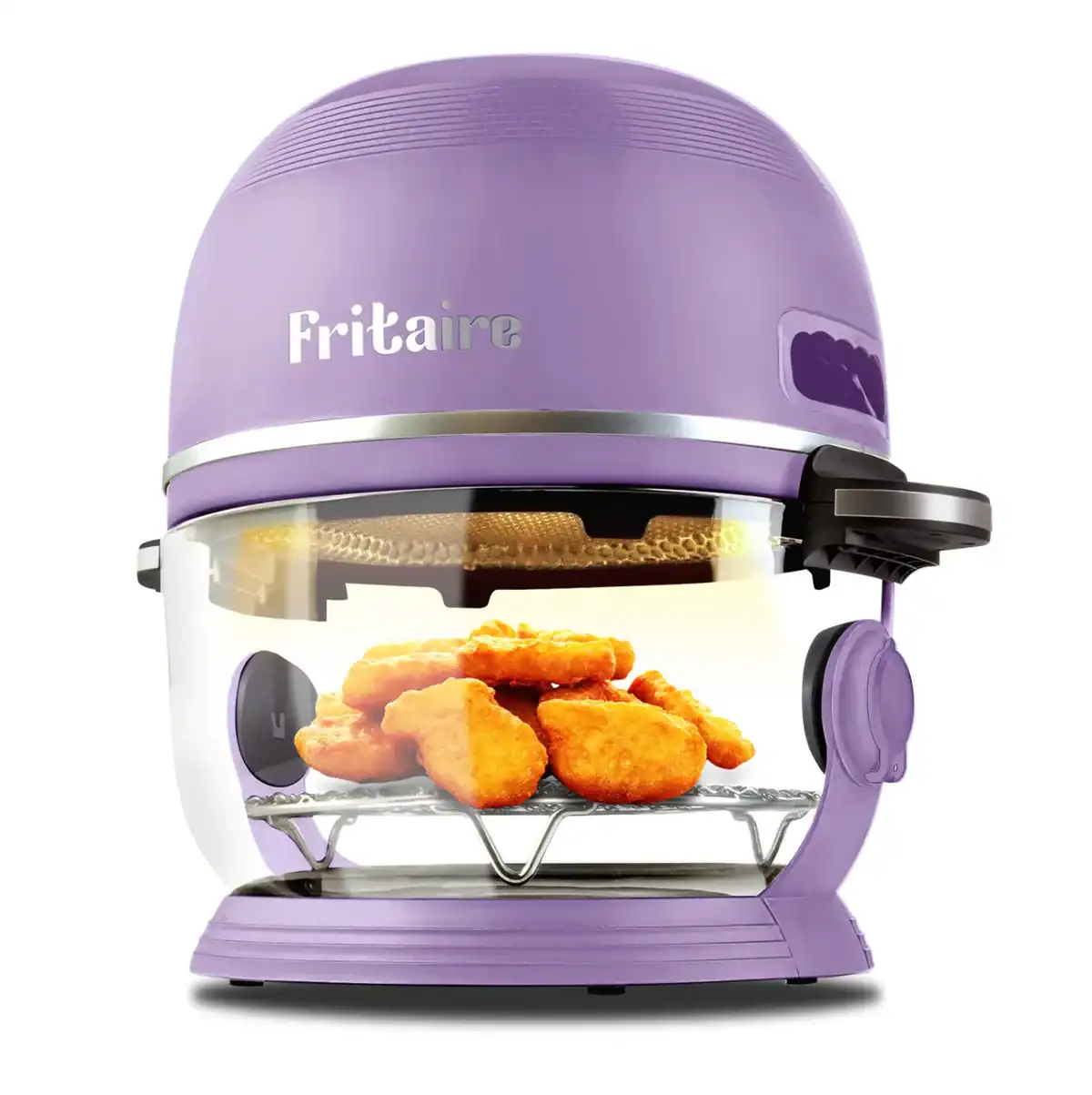 A purple air fryer with a glass bowl with chicken tenders cooking in it.