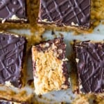 A batch of chocolate peanut butter Rice Krispie Treats cut into squares.