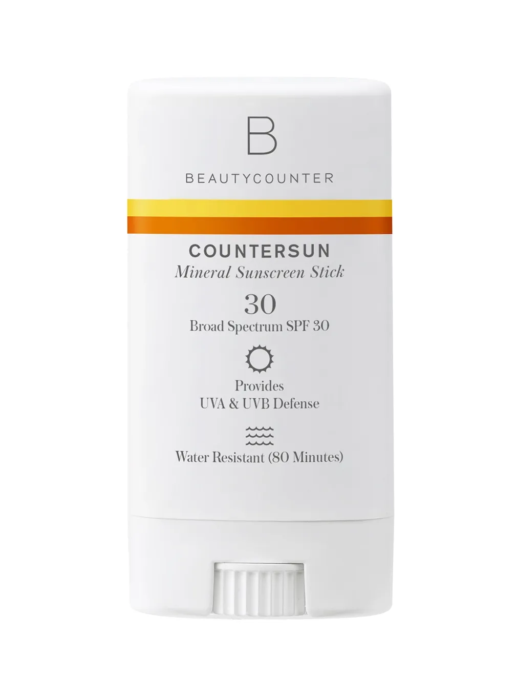 A tube of Beautycounter mineral sunscreen stick.