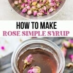 A glass jar filled with rose simple syrup with two dried rose petals on top.