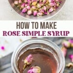 A glass jar filled with rose simple syrup with two dried rose petals on top.