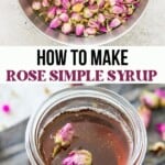 A glass jar filled with rose simple syrup with two dried rose petals on top of it.