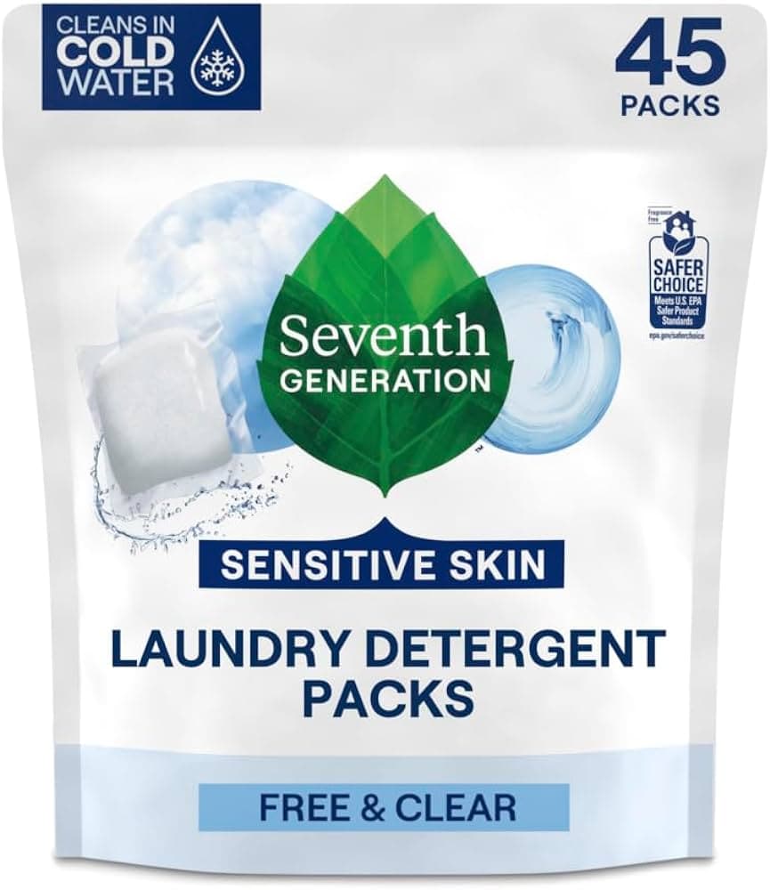 A bag of Seventh Generation Free and Clear laundry detergent packs. 