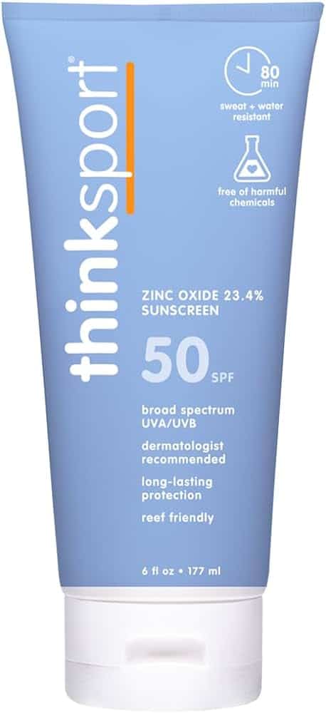 A tube of SPF 50 Think Sport sunscreen.