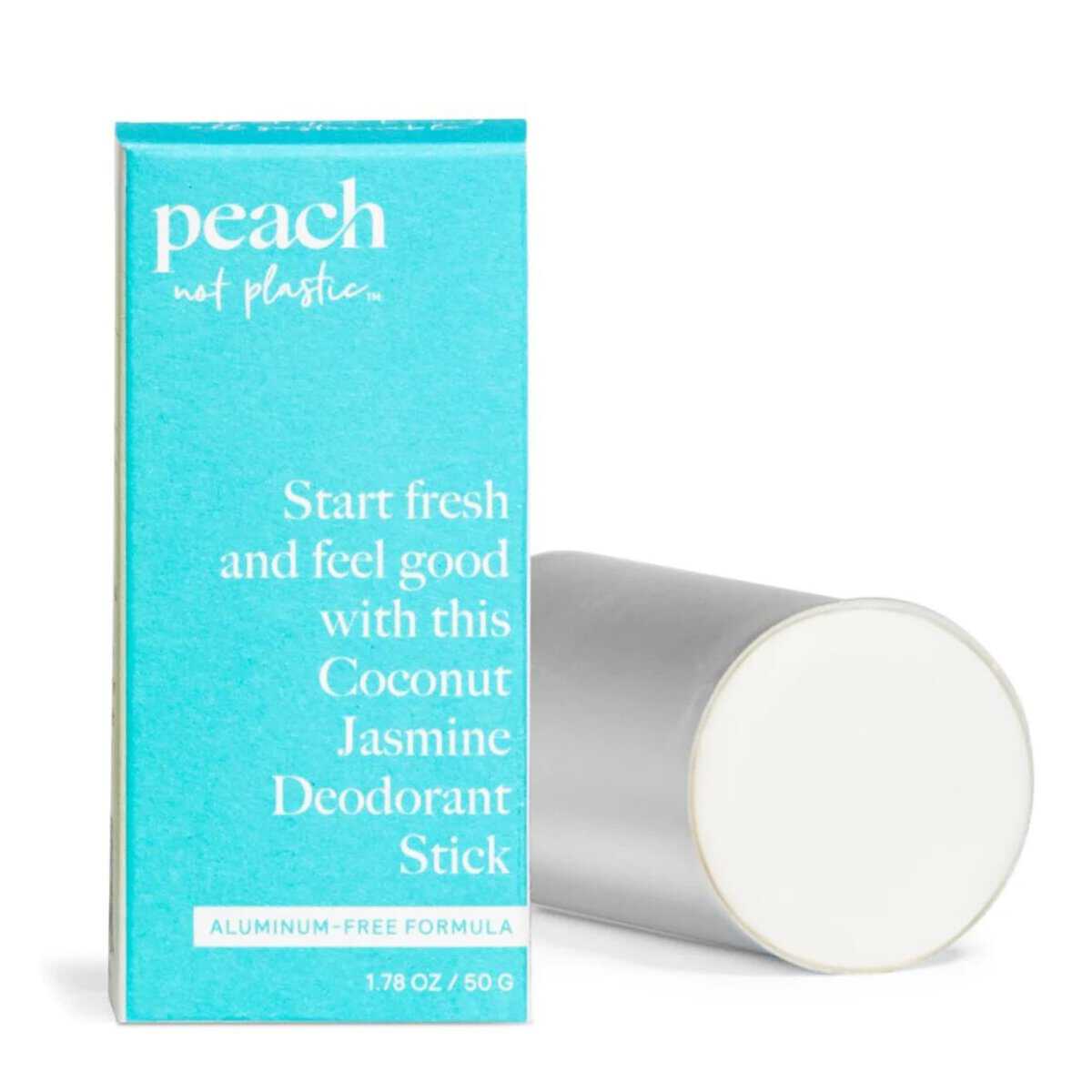 A tube of Peach Not Plastic brand deodorant. 