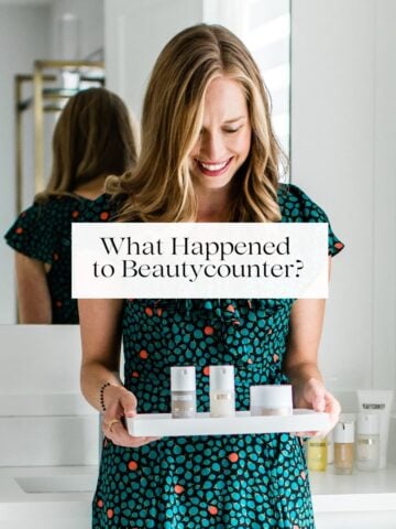 A blonde woman in a dress holding a tray of Beautycounter products with the title "What Happened to Beautycounter?" over her.