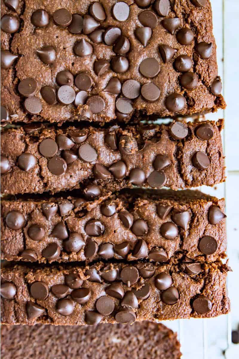 A loaf of double chocolate zucchini bread cut into slices.
